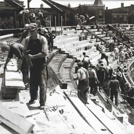 Building the Wrigley Field bleachers in rightfield during the 1937 baseball season