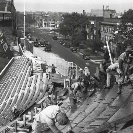 The left field view down Waveland Avenue from the Wrigley Field bleachers, under construction in 1937