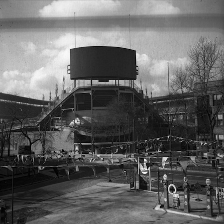 The view of Wrigley Field outside the bleachers from Wavelend and Sheffield in 1938